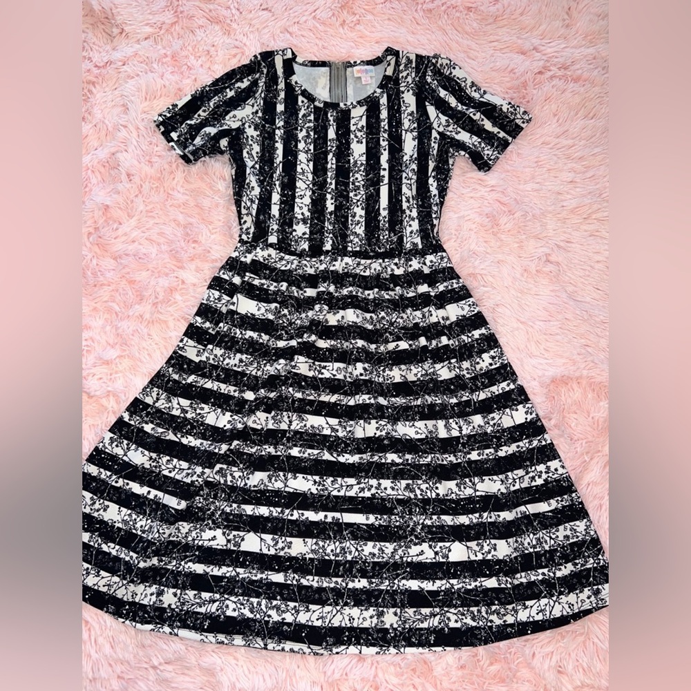 LuLaRoe Black & White Floral Striped Amelia Dress